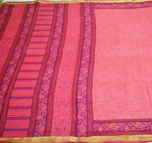 Indian Vintage Sari Pink 100% Pure Silk Printed Saree 5yard Sewing Craft Fabric DressMaking Soft Golden Zari