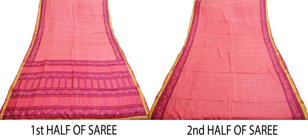 Indian Vintage Sari Pink 100% Pure Silk Printed Saree 5yard Sewing Craft Fabric DressMaking Soft Golden Zari