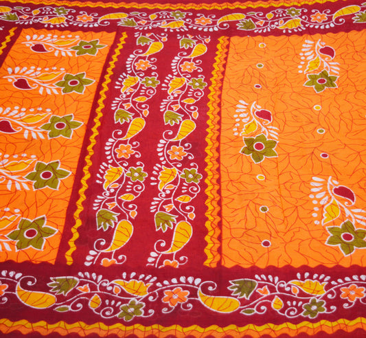 Indian Vintage Sari Red & Orange Batik Printed 100% Pure Cotton Saree Craft Soft Fabric 5Yard Sewing Sarong Wrap Boho