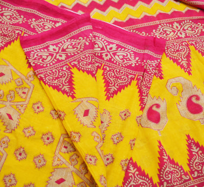 Indian Vintage Sari Pink & Yellow Printed 100% Pure Cotton Saree Craft Soft Fabric 5Yard Sewing Sarong Wrap Boho