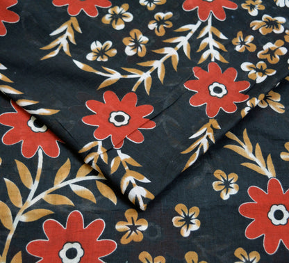 Indian Vintage Sari Red & Black Printed 100% Pure Cotton Saree Craft Fabric 5Yard Sewing Sarong Wrap Boho Floral