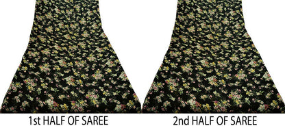 Women Vintage Sari Black Chiffon Printed Saree Craft Fabric Sewing 6Yard Soft Light Sari Dress Making Floral