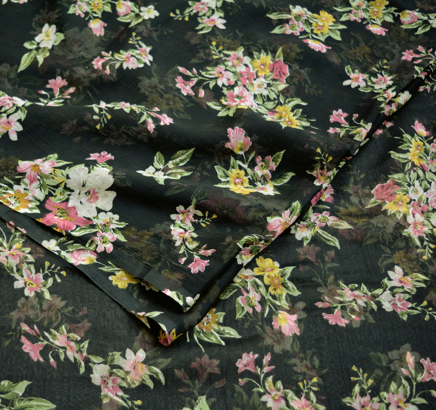 Women Vintage Sari Black Chiffon Printed Saree Craft Fabric Sewing 6Yard Soft Light Sari Dress Making Floral
