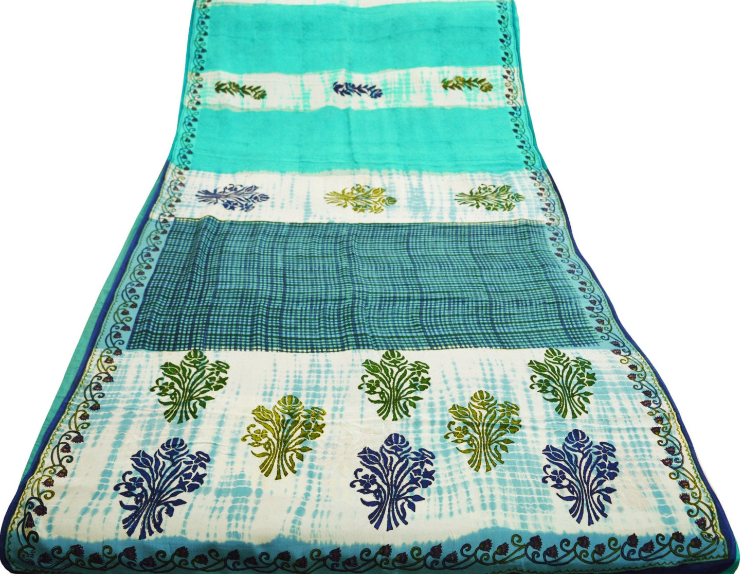 Indian Vintage Sari Ivory & Green Pure Crepe Silk Printed Saree 5yard Sewing Floral Soft Craft Fabric Wrap