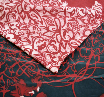 Indian Vintage Sari Black & Red Pure Crepe Silk Printed Saree 5yard Sewing Rose Flower Soft Craft Fabric Wrap