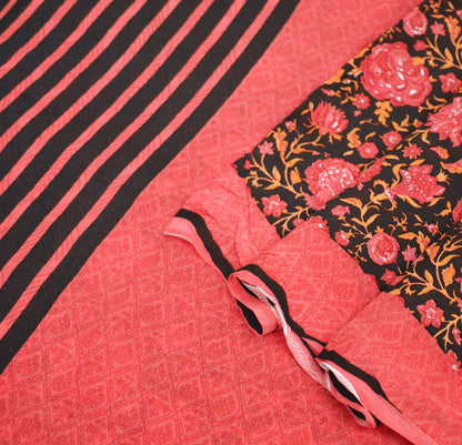 Indian Vintage Sari Pink & Black Pure Crepe Silk Printed Saree 5yard Sewing Floral Soft Craft Fabric Ethnic Wrap