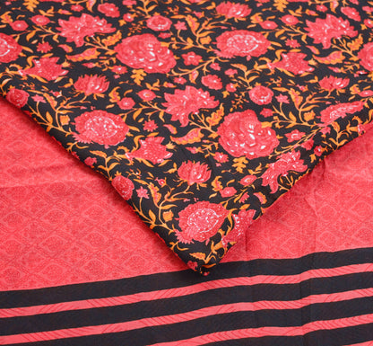 Indian Vintage Sari Pink & Black Pure Crepe Silk Printed Saree 5yard Sewing Floral Soft Craft Fabric Ethnic Wrap