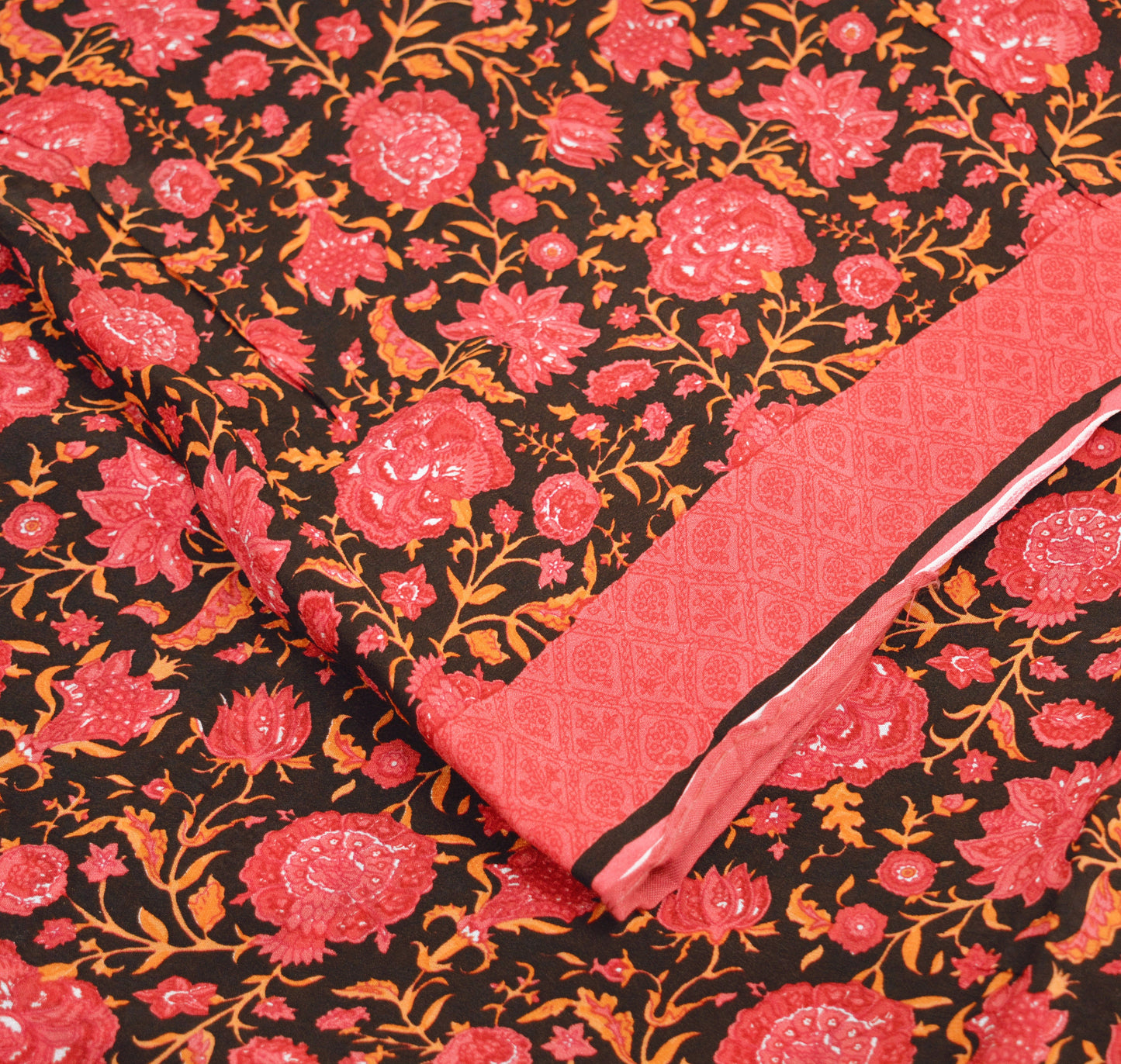 Indian Vintage Sari Pink & Black Pure Crepe Silk Printed Saree 5yard Sewing Floral Soft Craft Fabric Ethnic Wrap