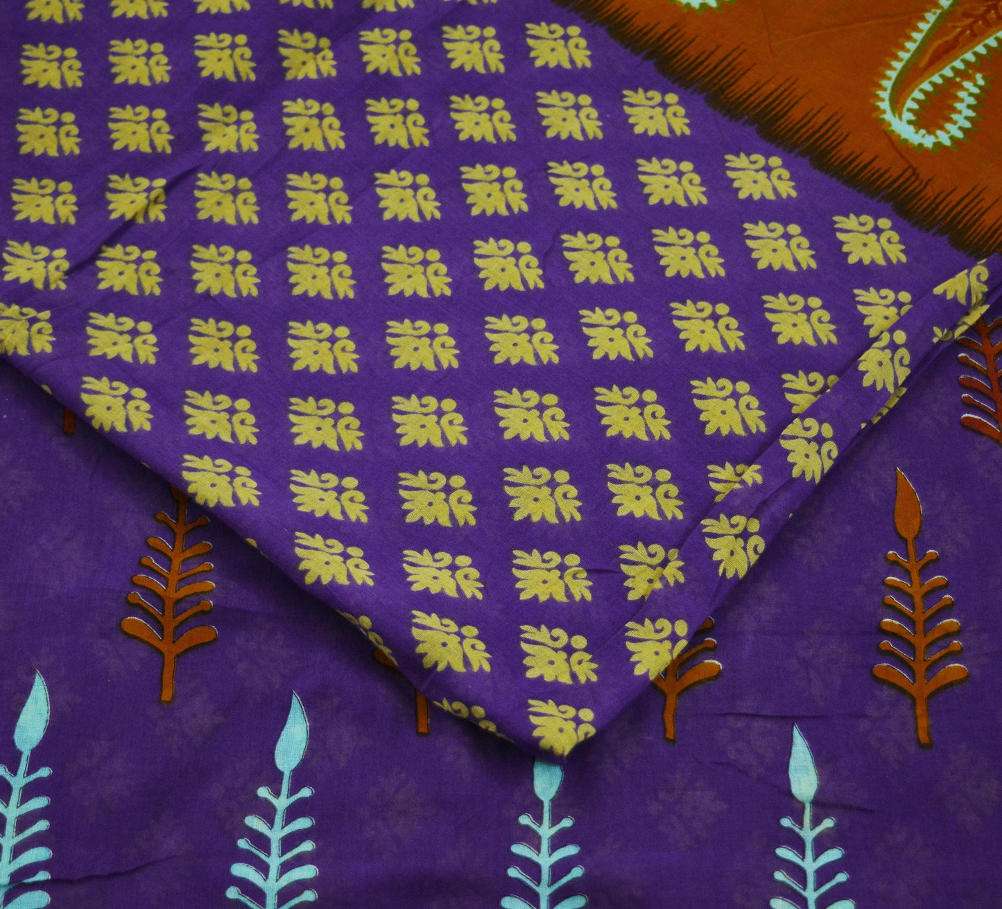 Indian Vintage Sari Orange & Purple Printed 100% Pure Cotton Saree Craft Soft Fabric 5Yard Sewing Sarong Wrap Floral