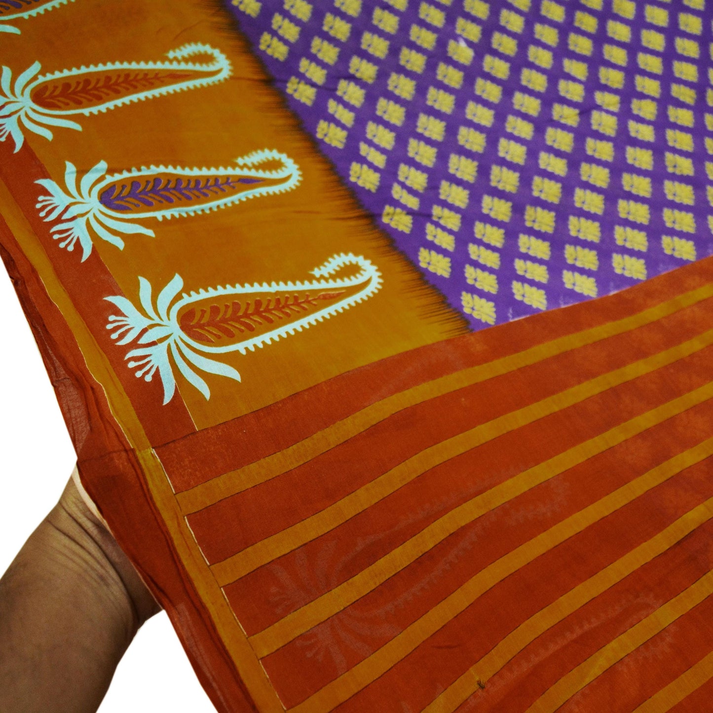 Indian Vintage Sari Orange & Purple Printed 100% Pure Cotton Saree Craft Soft Fabric 5Yard Sewing Sarong Wrap Floral