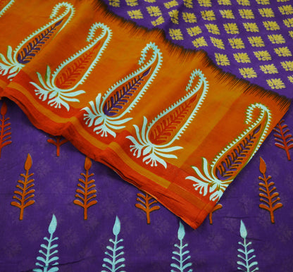 Indian Vintage Sari Orange & Purple Printed 100% Pure Cotton Saree Craft Soft Fabric 5Yard Sewing Sarong Wrap Floral