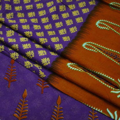 Indian Vintage Sari Orange & Purple Printed 100% Pure Cotton Saree Craft Soft Fabric 5Yard Sewing Sarong Wrap Floral