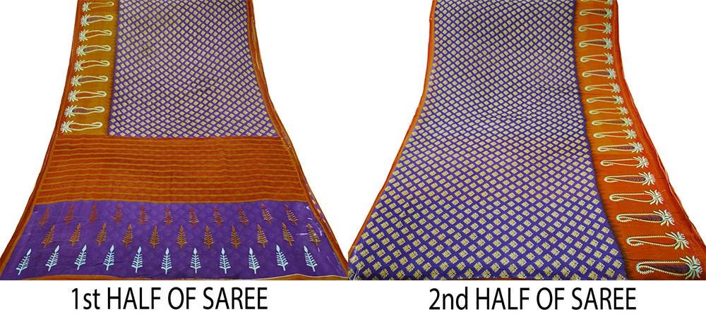 Indian Vintage Sari Orange & Purple Printed 100% Pure Cotton Saree Craft Soft Fabric 5Yard Sewing Sarong Wrap Floral