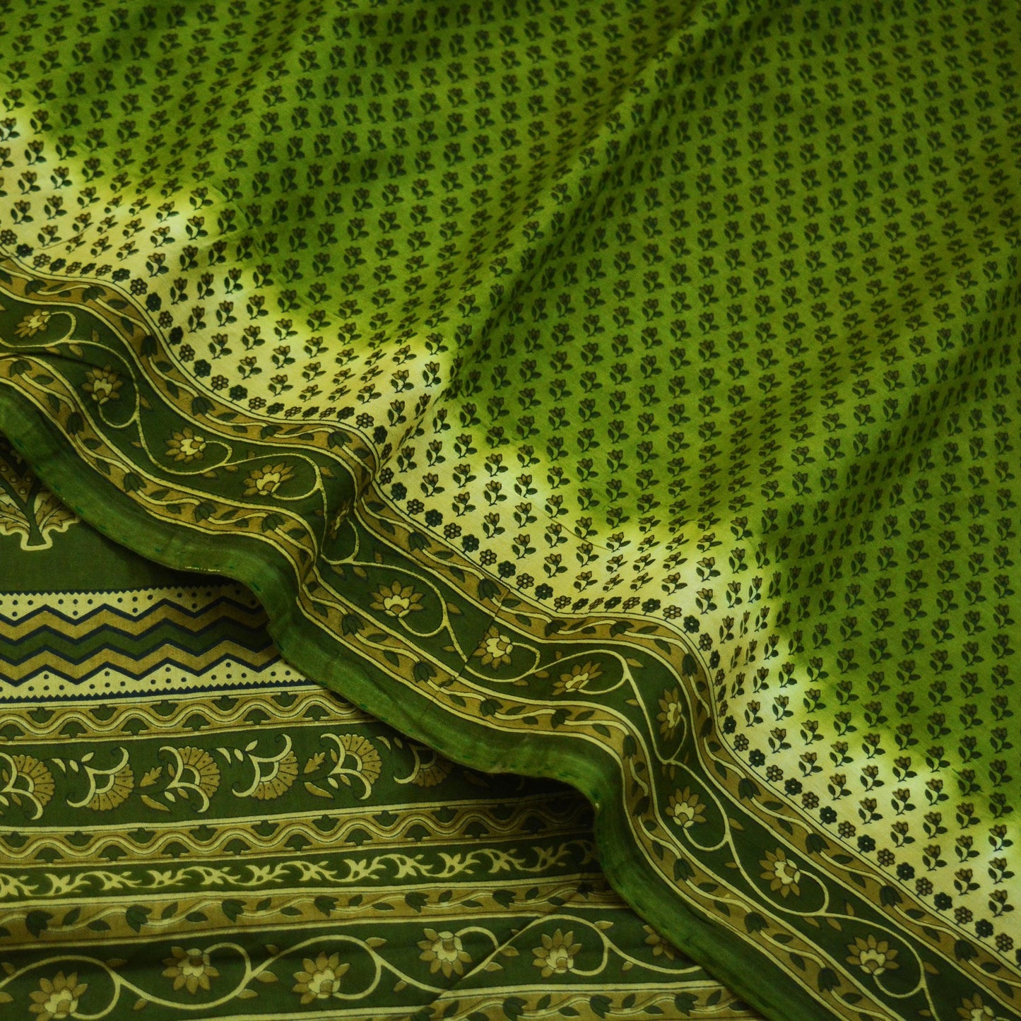 Indian Vintage Sari Green Printed Pure Cotton Saree Craft Soft Fabric 5Yard Sewing Sarong Wrap Boho Floral