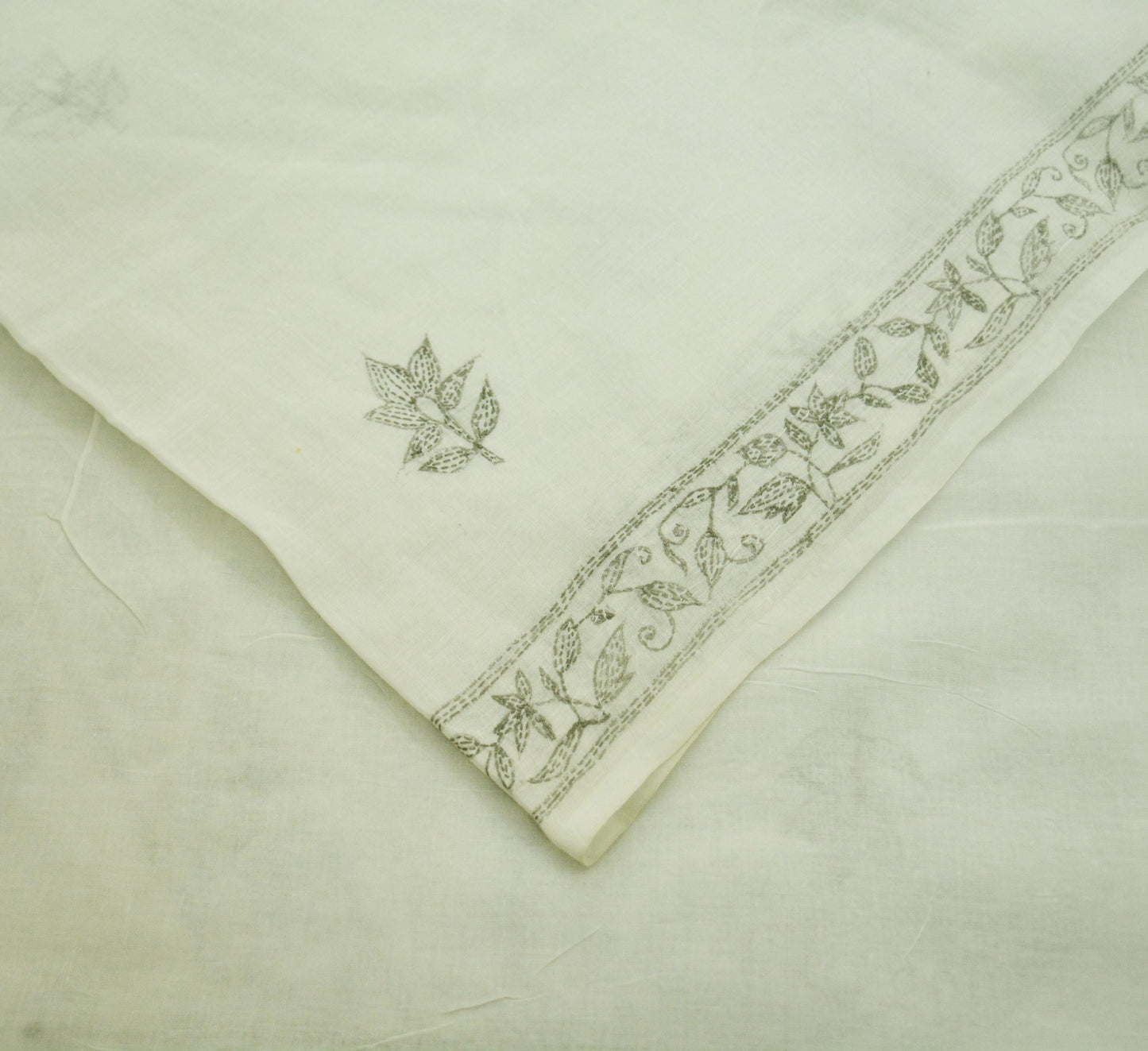 Indian Vintage Sari White  Pure Cotton Hand Embroidered Kantha Saree  Fabric 6yard Sewing Floral Soft Sequins