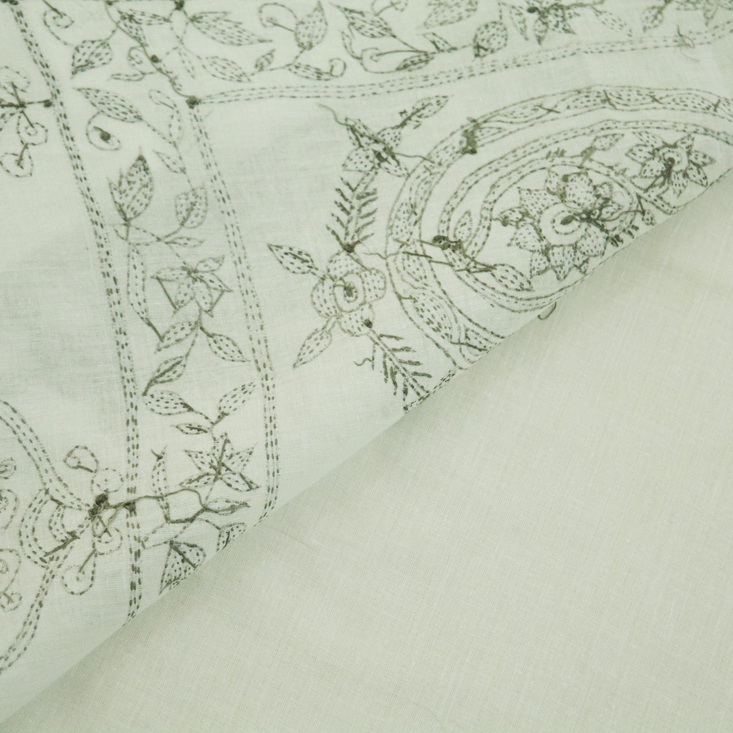 Indian Vintage Sari White  Pure Cotton Hand Embroidered Kantha Saree  Fabric 6yard Sewing Floral Soft Sequins