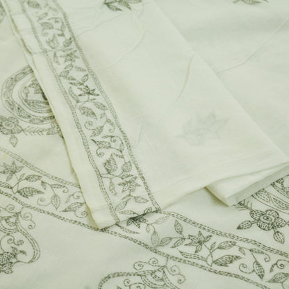 Indian Vintage Sari White  Pure Cotton Hand Embroidered Kantha Saree  Fabric 6yard Sewing Floral Soft Sequins