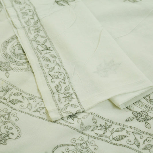 Indian Vintage Sari White  Pure Cotton Hand Embroidered Kantha Saree  Fabric 6yard Sewing Floral Soft Sequins