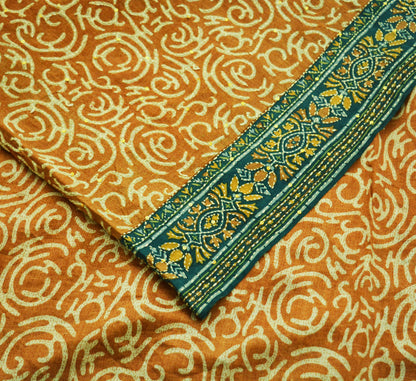 Indian Vintage Sari Saffron Pure Silk Hand Embroidered Kantha Saree Fabric 5yard Sewing Floral Soft Sequins