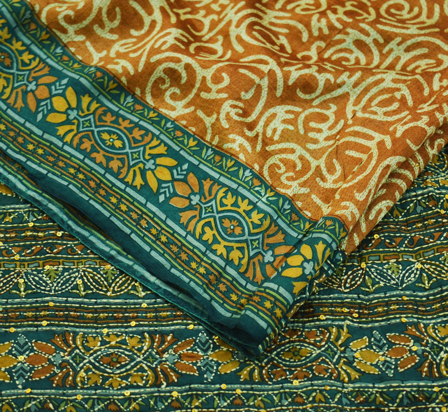 Indian Vintage Sari Saffron Pure Silk Hand Embroidered Kantha Saree Fabric 5yard Sewing Floral Soft Sequins