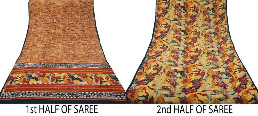 Indian Vintage Sari Black & Saffron Pure Crepe Silk Printed Saree 5yard Sewing Soft Craft Fabric Ethnic Wrap