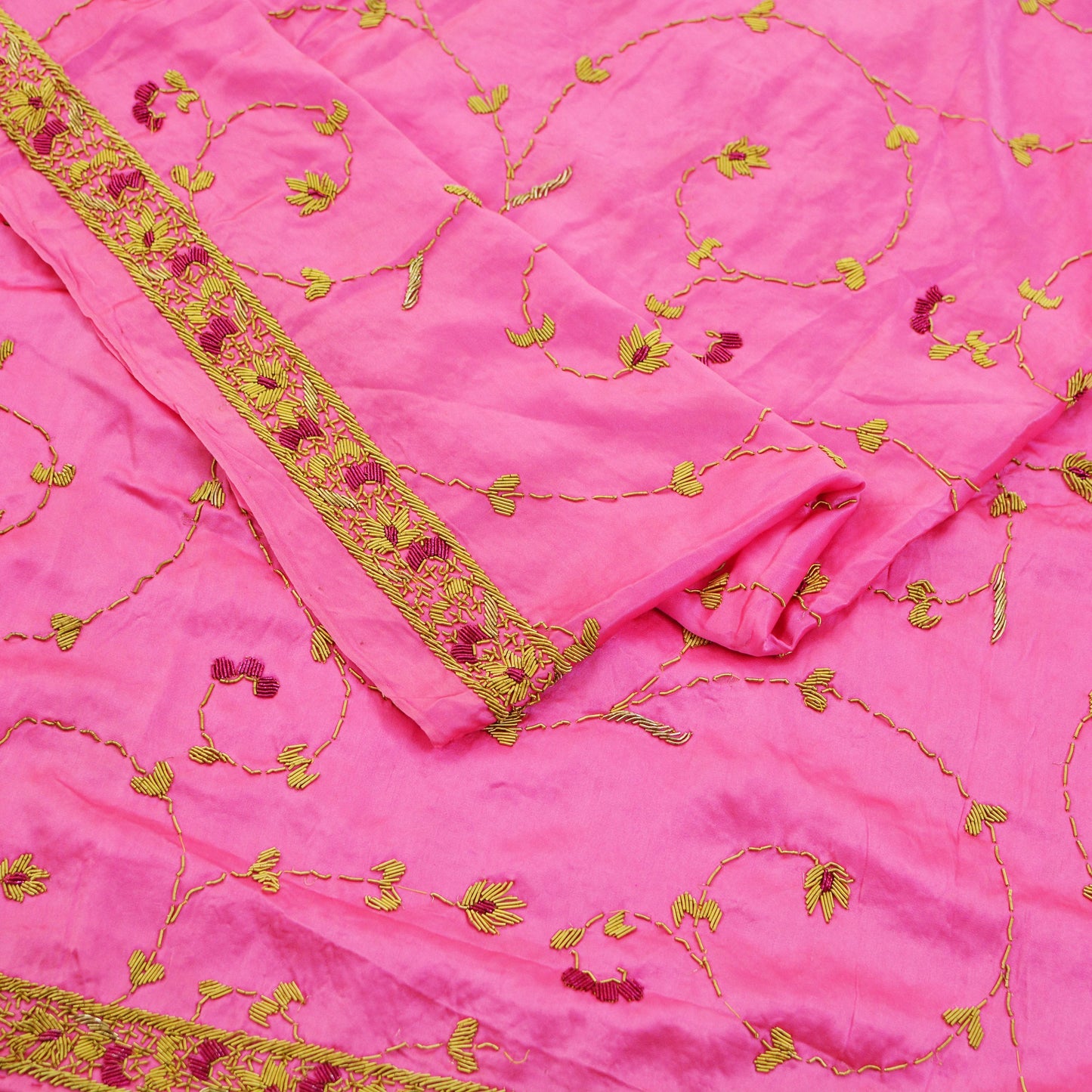 Indian Vintage Heavy Wedding Pink Dupatta Pure Satin Silk Long Stole Hand Embroidered Scarves Golden Zardozi Stole