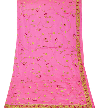 Indian Vintage Heavy Wedding Pink Dupatta Pure Satin Silk Long Stole Hand Embroidered Scarves Golden Zardozi Stole