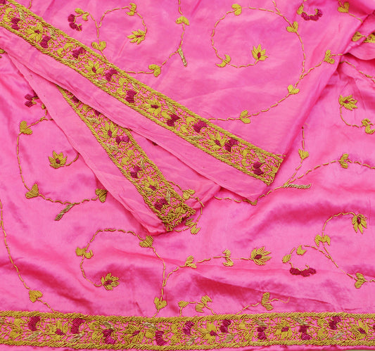 Indian Vintage Heavy Wedding Pink Dupatta Pure Satin Silk Long Stole Hand Embroidered Scarves Golden Zardozi Stole