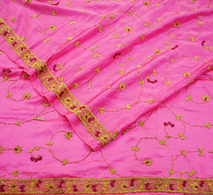 Indian Vintage Heavy Wedding Pink Dupatta Pure Satin Silk Long Stole Hand Embroidered Scarves Golden Zardozi Stole