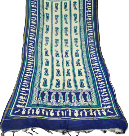 Indian Blue & Ivory Vintage Dupatta Long Stole Warli Print Pure Chanderi Silk Indian Scarves Veil Scarf Golden Zari Soft