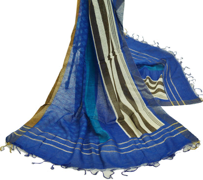 Indian Blue Vintage Dupatta Long Stole Printed Woven Pure Chanderi Silk Indian Scarves Veil Golden Zari Soft Fringes