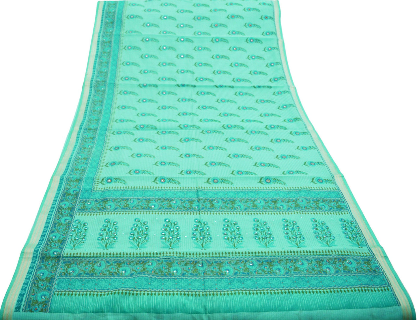 Indian Vintage Sari Green Printed 100% Pure Cotton Saree Craft Soft Fabric 6Yard Sewing Sarong Boho Floral