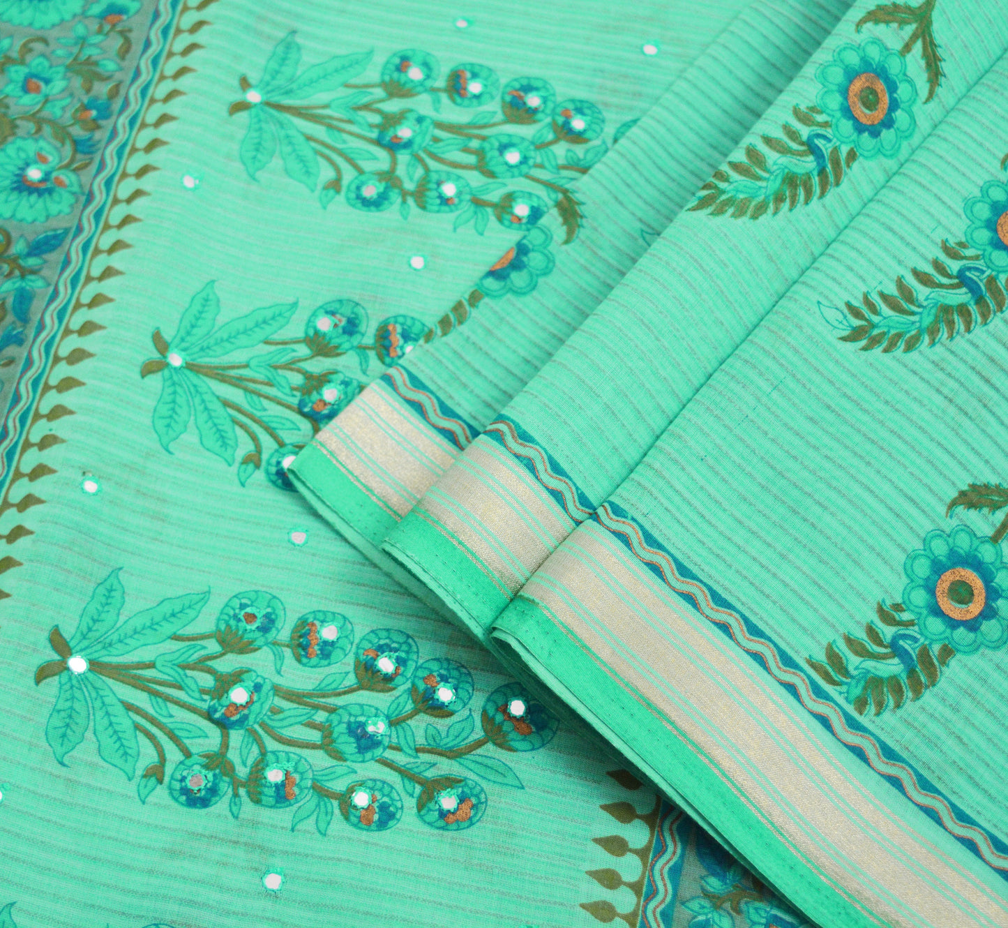 Indian Vintage Sari Green Printed 100% Pure Cotton Saree Craft Soft Fabric 6Yard Sewing Sarong Boho Floral