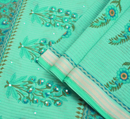 Indian Vintage Sari Green Printed 100% Pure Cotton Saree Craft Soft Fabric 6Yard Sewing Sarong Boho Floral