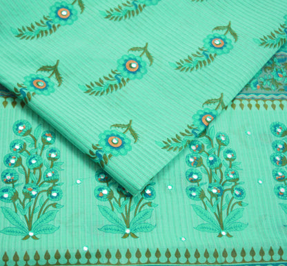 Indian Vintage Sari Green Printed 100% Pure Cotton Saree Craft Soft Fabric 6Yard Sewing Sarong Boho Floral