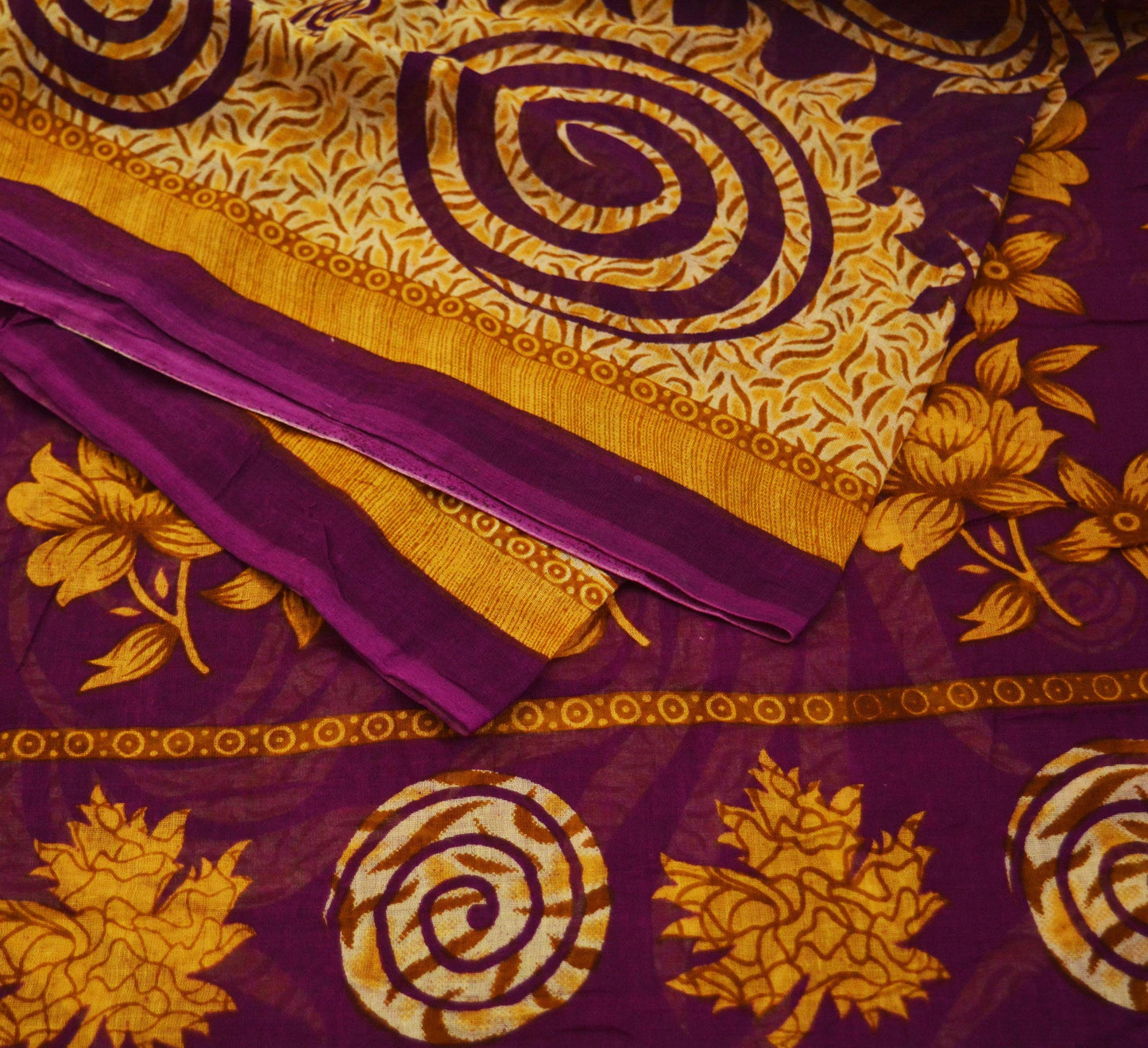 Indian Vintage Sari Purple Printed Pure Cotton Saree Craft Soft Fabric 5Yard Sewing Sarong Wrap Boho Floral