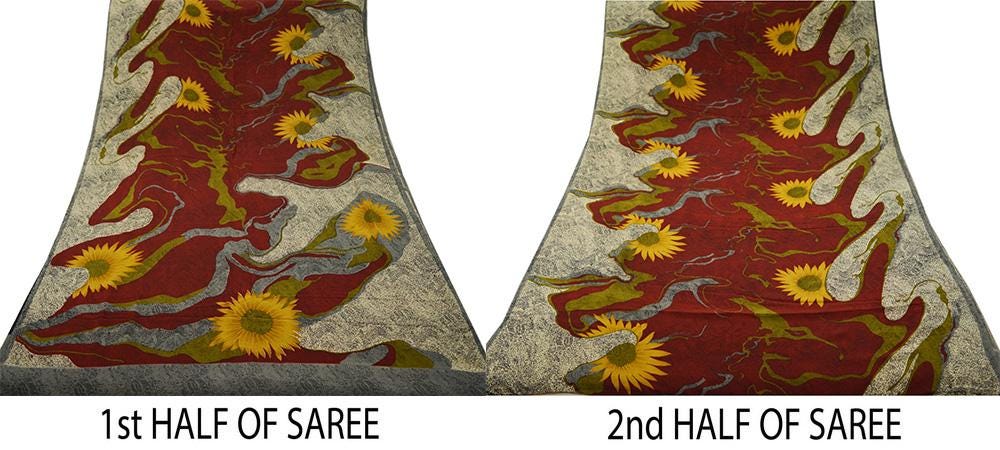 Indian Vintage Sari Maroon Pure Crepe Silk Printed Saree 5yard Sewing Floral Soft Craft Fabric Ethnic Wrap