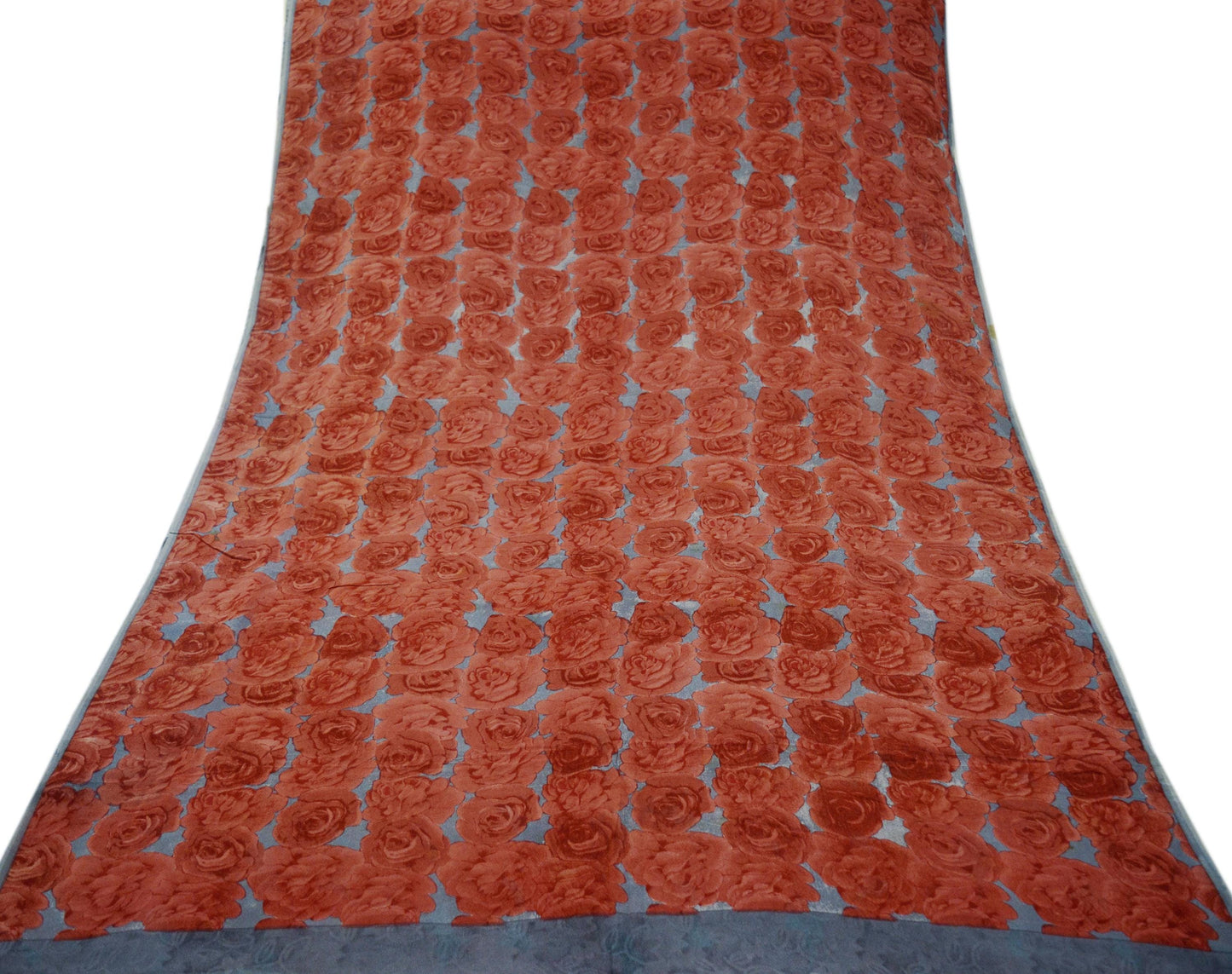 Women Vintage Sari Red & Gray Pure Georgette Silk Printed Saree Craft Fabric Sewing 5Yard Soft Light Dress Making Floral