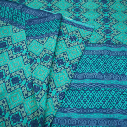 Indian Vintage Sari Green & Blue 100% Pure Silk Printed Sarees 5yd Sewing Craft Fabric DressMaking  Soft Wrap