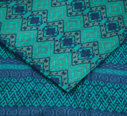 Indian Vintage Sari Green & Blue 100% Pure Silk Printed Sarees 5yd Sewing Craft Fabric DressMaking  Soft Wrap