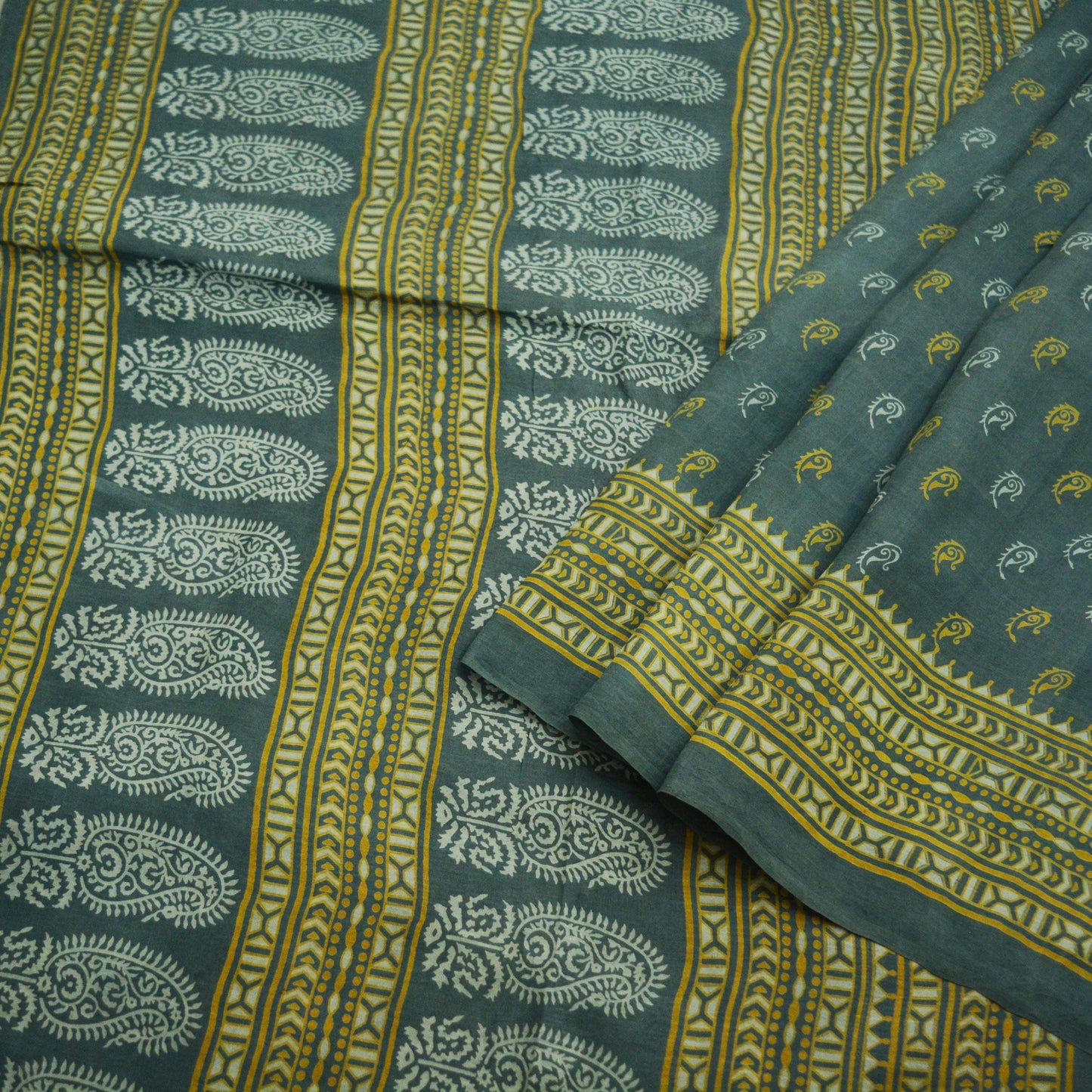 Indian Vintage Sari Gray 100% Pure Silk Block Printed Saree 6yard Sewing Craft Fabric DressMaking  Soft Floral