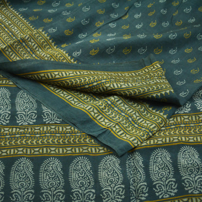 Indian Vintage Sari Gray 100% Pure Silk Block Printed Saree 6yard Sewing Craft Fabric DressMaking  Soft Floral