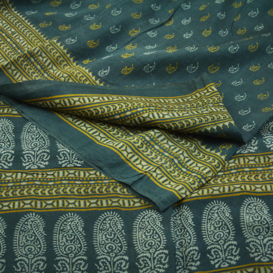 Indian Vintage Sari Gray 100% Pure Silk Block Printed Saree 6yard Sewing Craft Fabric DressMaking  Soft Floral