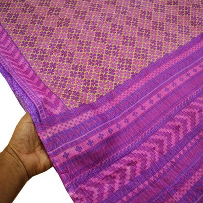 Indian Vintage Sari Beige & Purple 100% Pure Silk Printed Saree 5yd Sewing Craft Fabric DressMaking  Soft Floral