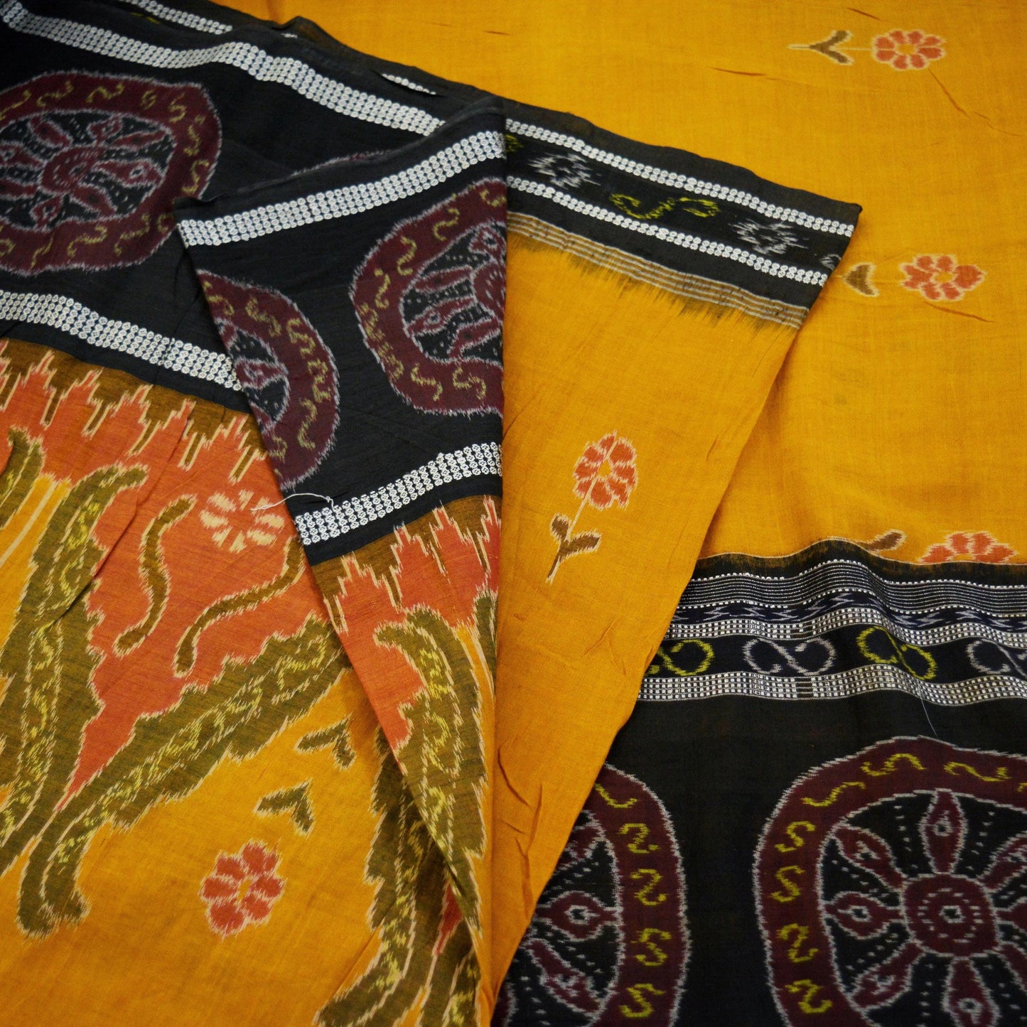Indian Vintage Black & Mustard Hand woven Sambalpuri Ikat Saree Pure Cotton Indian Sari Fabric 5Yard Ethnic Chackra Border