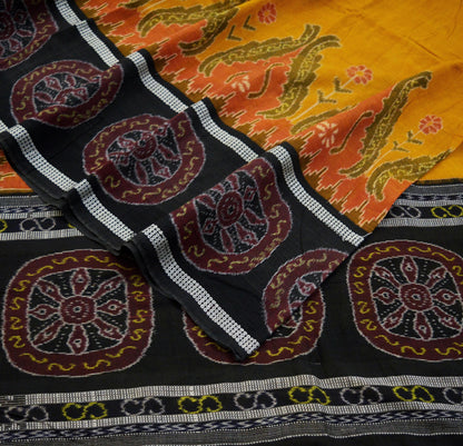 Indian Vintage Black & Mustard Hand woven Sambalpuri Ikat Saree Pure Cotton Indian Sari Fabric 5Yard Ethnic Chackra Border