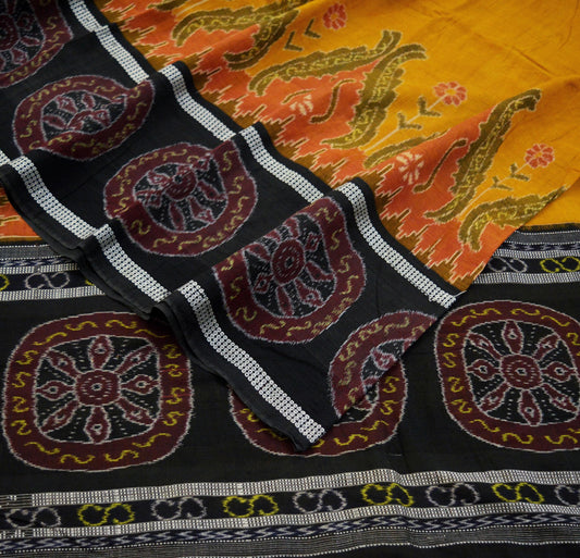 Indian Vintage Black & Mustard Hand woven Sambalpuri Ikat Saree Pure Cotton Indian Sari Fabric 5Yard Ethnic Chackra Border