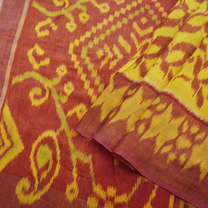 Indian Vintage Sari Yellow & Red Pure Silk Hand Woven Odisha Patola Sarees Craft Fabric 5yd Zari Border Fringes Crafting Quilting Upcycle