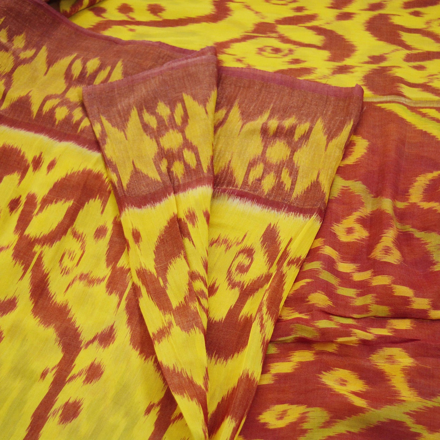 Indian Vintage Sari Yellow & Red Pure Silk Hand Woven Odisha Patola Sarees Craft Fabric 5yd Zari Border Fringes Crafting Quilting Upcycle