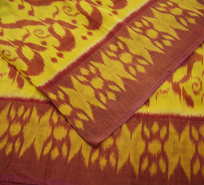 Indian Vintage Sari Yellow & Red Pure Silk Hand Woven Odisha Patola Sarees Craft Fabric 5yd Zari Border Fringes Crafting Quilting Upcycle